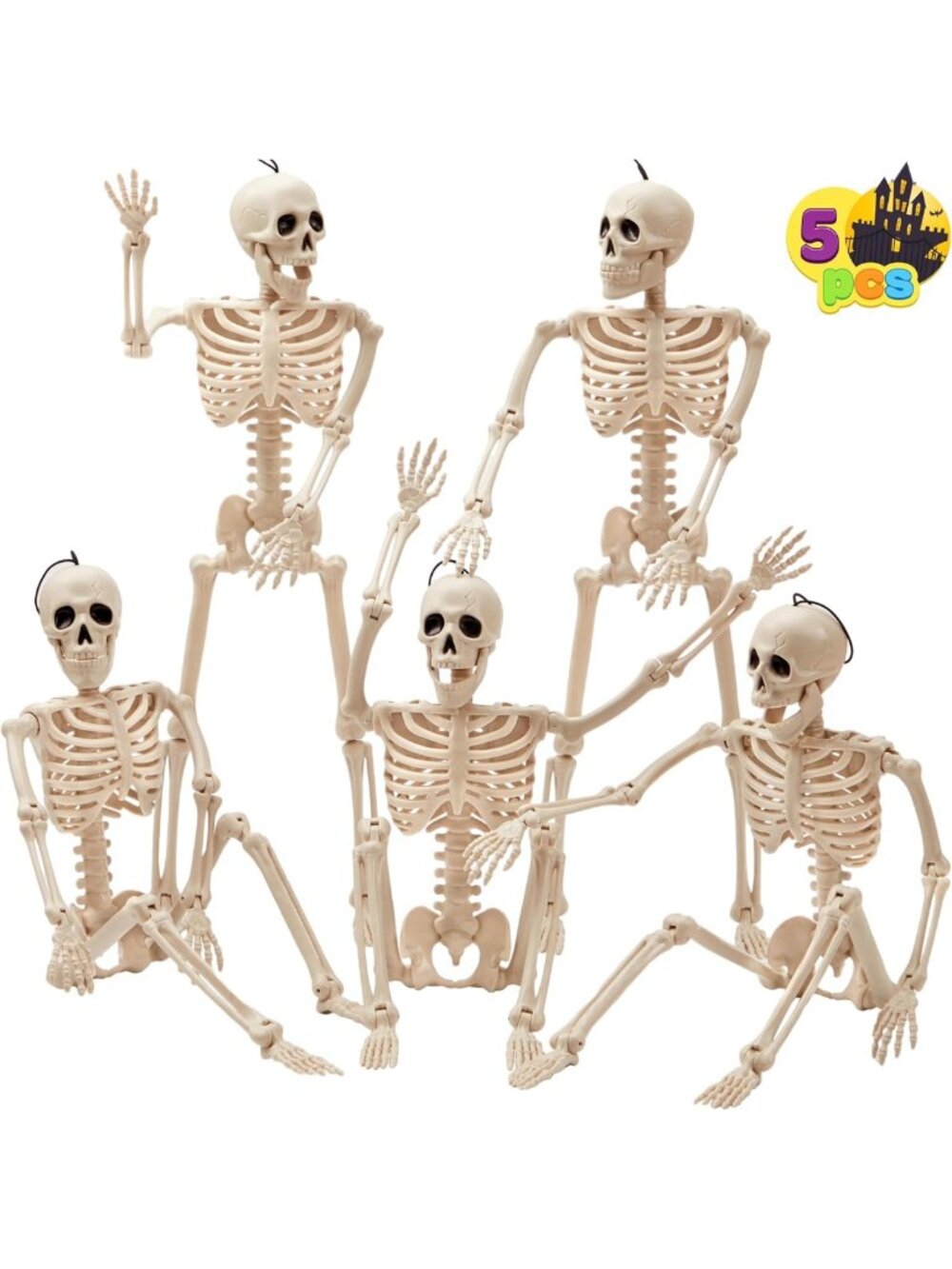 5 PCS Posable Halloween Skeleton Decor - 16" Full Body Joints for Spooky Parties